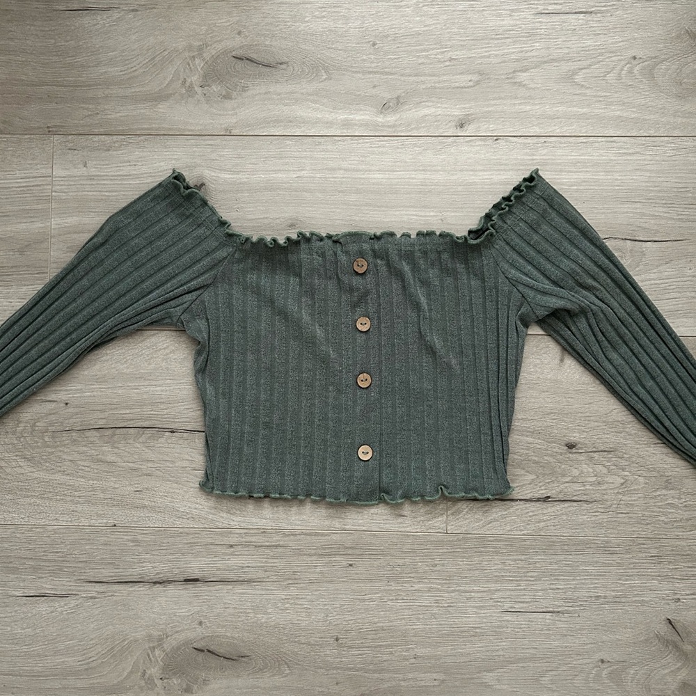 Green Long Sleeve Over-the-Shoulder Top